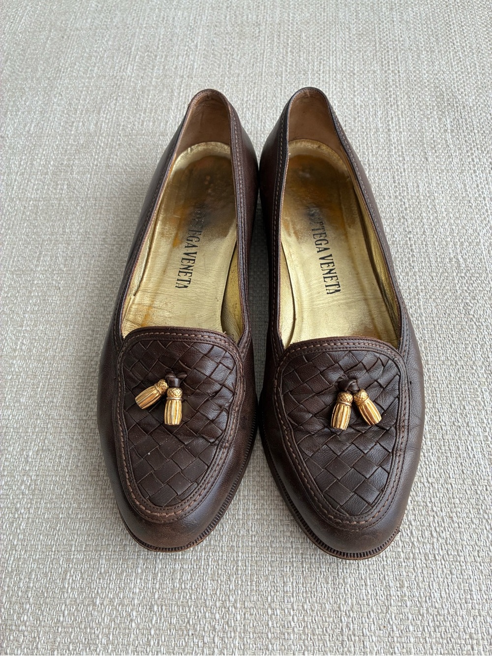 Vintage Bottega Veneta Intrecciato Tassel Loafers 7B Brown Leather Woven
